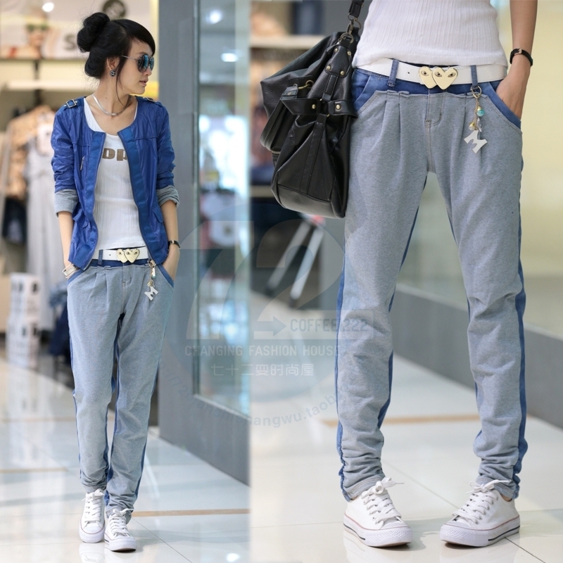 Yx0352 color block 2012 autumn new arrival patchwork casual denim skinny pants