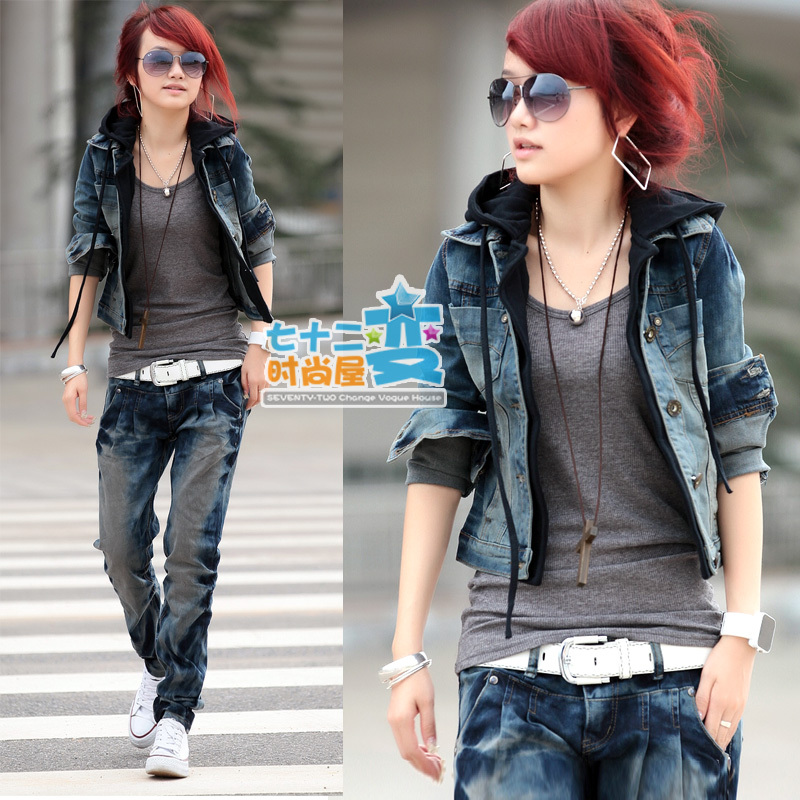 Yx8128 autumn 2012 distrressed single breasted faux two piece short design denim outerwear