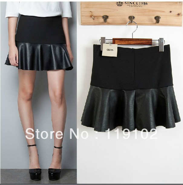 ZA** 1:1 Brand 2013 Women Fashion Pleated Leather Black  patchwork Mini Skirt, Free shipping