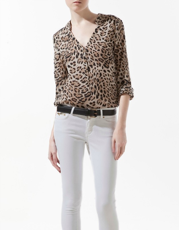 ZA** 1:1 Brand Women's Leopard prints V-neck Casual Cotton Shirts with Studs on shoulder, fashion blouse,freeshipping