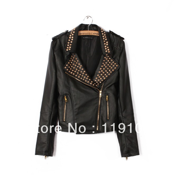 ZA** 1:1 Brand Women's self-cultivation black rivet decorative leather coat leather jacket  free shipping Good quality