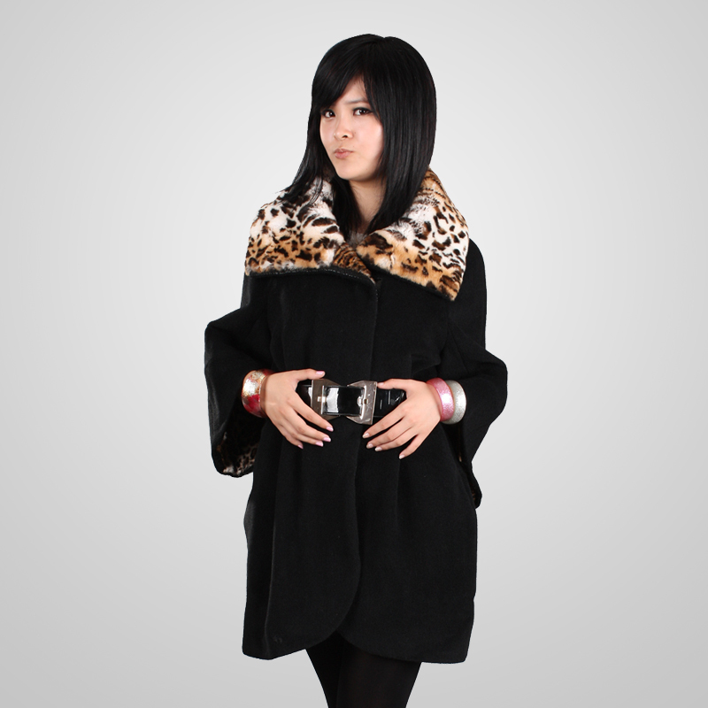 Zaal fashion medium-long loose leopard print fur collar leather wool fashion noble overcoat 629