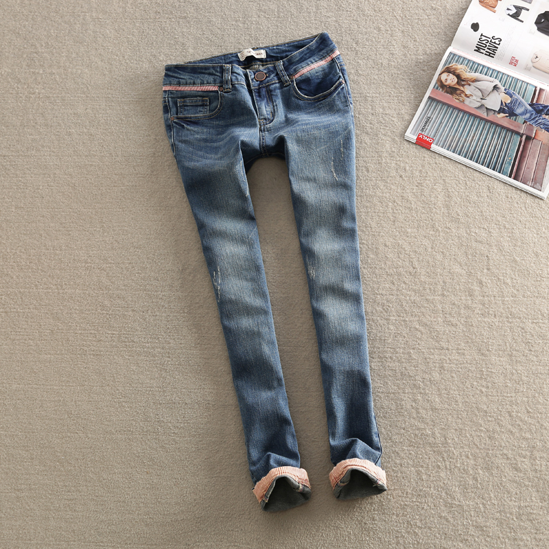 Zar 2013 brief all-match medium blue wearing white red small roll up bars hem denim ankle length trousers skinny pants female