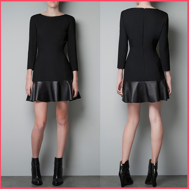 Zar a leather skirt slim hip one-piece dress 2012 PU patchwork pleated skirt one-piece dress free shipping