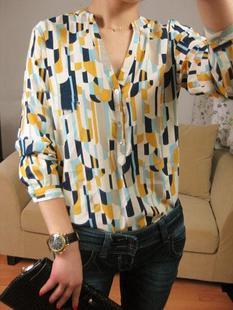 Zar fashion vintage slim V-neck long-sleeve geometry plaid pattern loose shirt