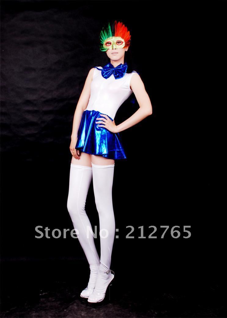 Zentai Shaper Blue Color Block Decoration Glue Navy Dress X07