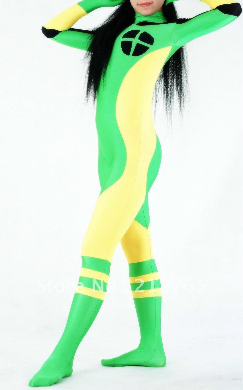 Zentai Suits Shaper Neon Green Yellow Color Block Decoration Straitest PS055