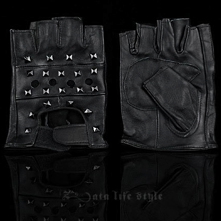 Zls quality vintage black rivet genuine leather semi-finger gloves punk motorcycle hip-hop fireboats