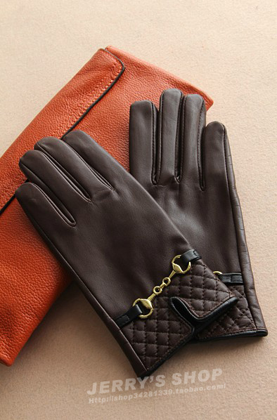 Zn98902 plaid gold chain suede fashion women's genuine leather gloves 2