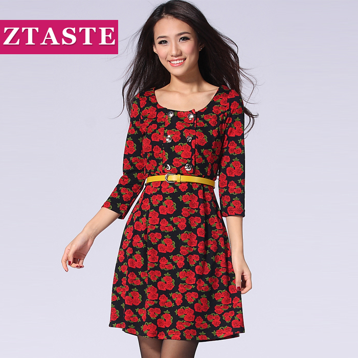 Ztaste2013 new printing leather belt three quarter sleeve pretty plus size fashion dress women's yg1208 Strapless