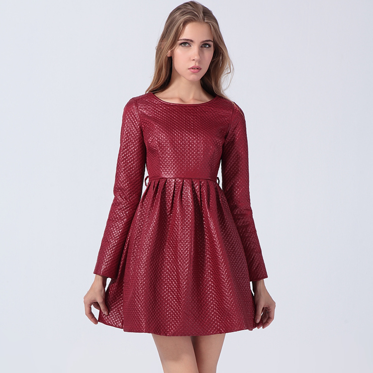 Zyshop book autumn and winter fashion faux leather embossed pressed cotton check one-piece dress